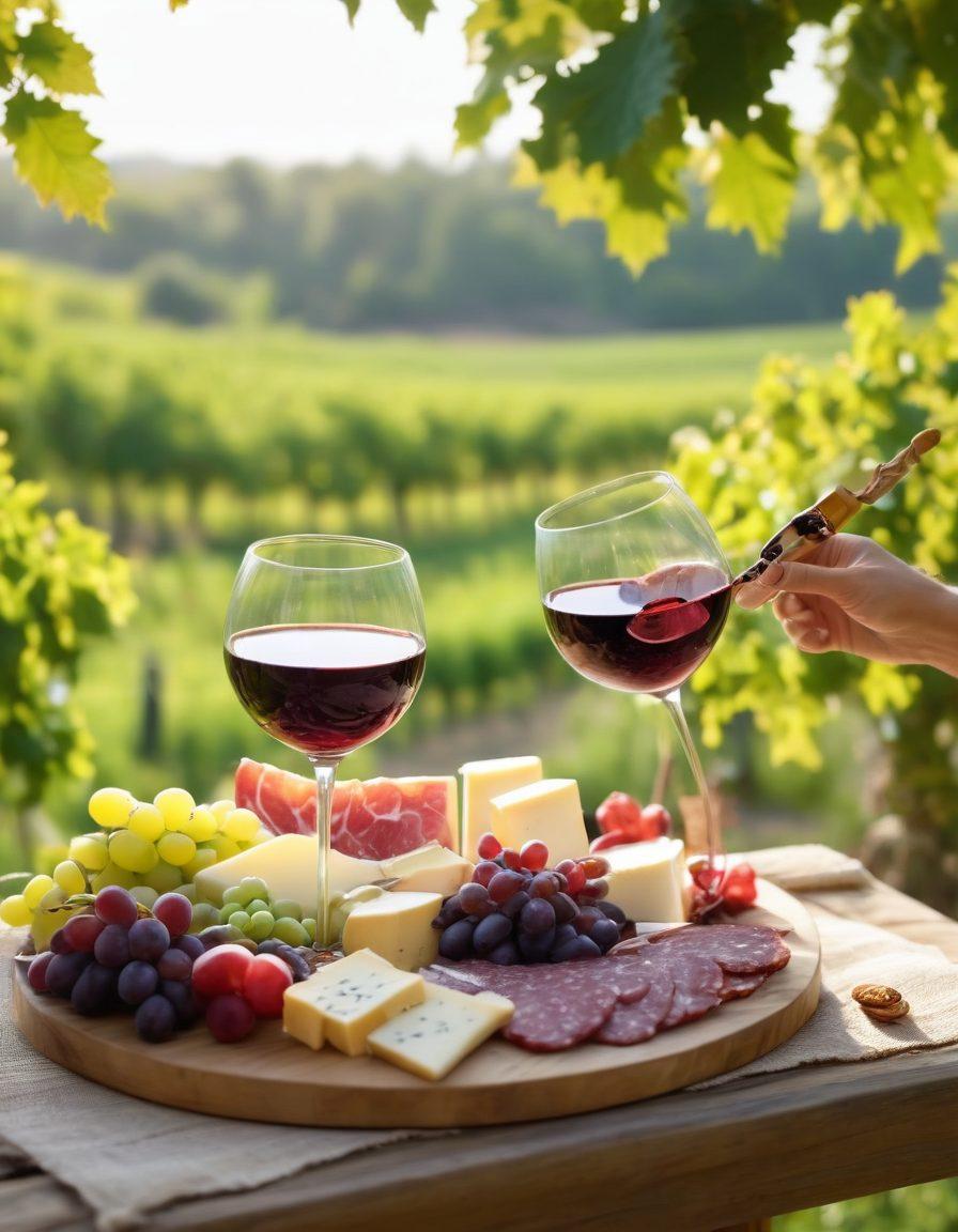 A beautifully set wine tasting table in a sunlit vineyard, surrounded by lush grapevines. Include elegant wine glasses filled with red and white wine, a charcuterie board with assorted cheeses, fruits, and nuts, and festive decorations for celebration. Capture an inviting atmosphere with soft sunlight filtering through the leaves, and people clinking glasses in joyful celebration. super-realistic. vibrant colors. natural setting.