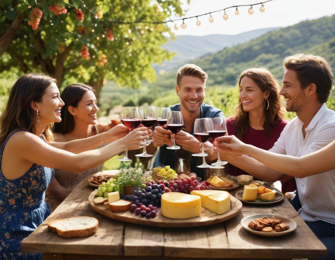 A lively outdoor wine gathering showcasing people clinking glasses filled with wine, surrounded by lush vineyards and fairy lights. The scene captures joyful faces, a rustic wooden table adorned with cheese platters and colorful flowers. Sunlight filters through leaves, creating a warm, inviting atmosphere that celebrates community and local culture. Include picturesque hills in the background, evoking a sense of tranquility and celebration. vibrant colors. super-realistic.
