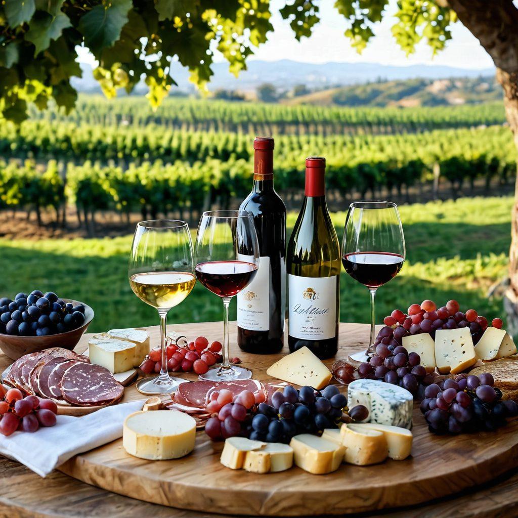 A sophisticated wine tasting scene featuring an elegant wooden table adorned with various wine glasses filled with different shades of red and white wine. Nearby, a selection of gourmet cheese and charcuterie, surrounded by lush grapevines in the background, creates a serene vineyard ambiance. Soft, warm lighting enhances the mood, inviting viewers to indulge their senses. super-realistic. vibrant colors. warm tones.